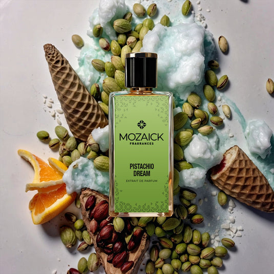 PISTACHIO DREAM Extrait de Parfum 50 ml by MOZAICK – bottle among pistachios, orange slices and waffle cones