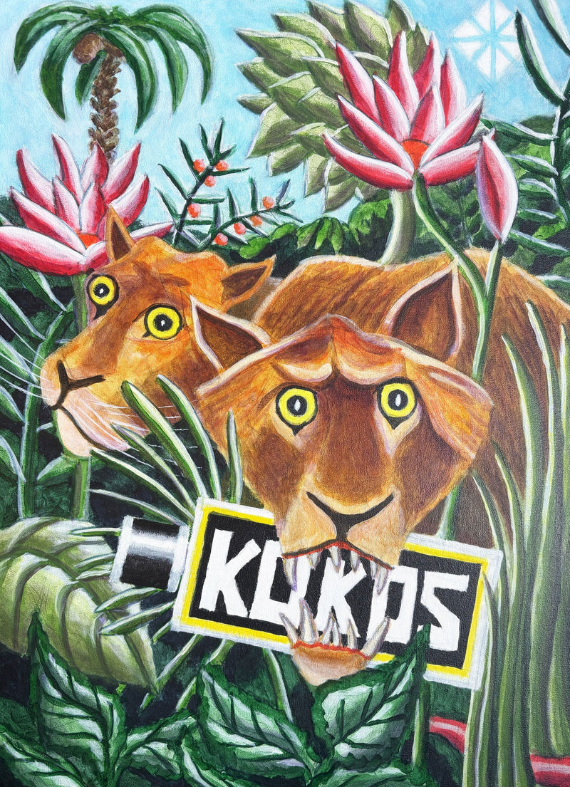 Painting for the MOZAICK perfume KOKOS: two lions in the jungle, one holding the KOKOS bottle between its teeth
