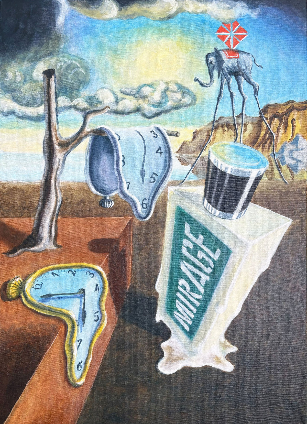 Painting for the MOZAICK perfume MIRAGE: surreal desert with melting clocks, an elephant on stilt legs and the melting MIRAGE bottle