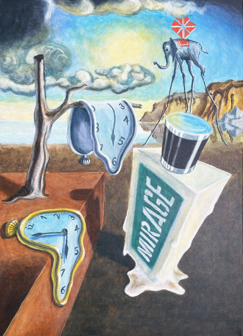 Painting for the MOZAICK perfume MIRAGE: surreal desert with melting clocks, an elephant on stilt legs and the melting MIRAGE bottle