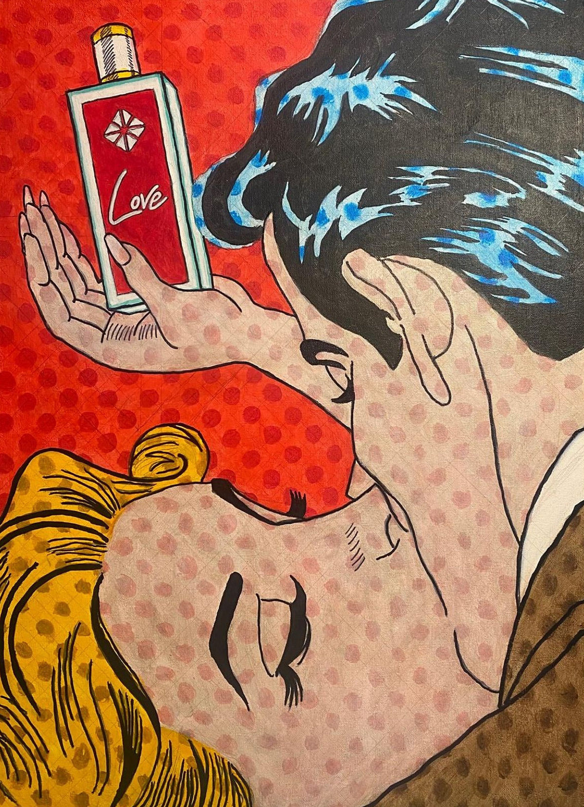 Painting for the MOZAICK perfume LOVE: pop art couple kissing, one hand holding the LOVE bottle