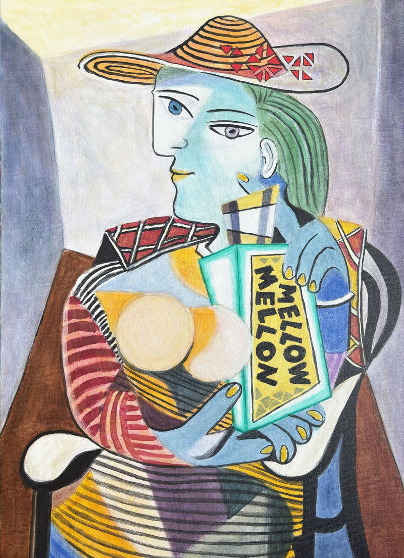 Painting for the MOZAICK perfume MELLOW MELLON: Cubist portrait of a woman in a straw hat holding the MELLOW MELLON bottle
