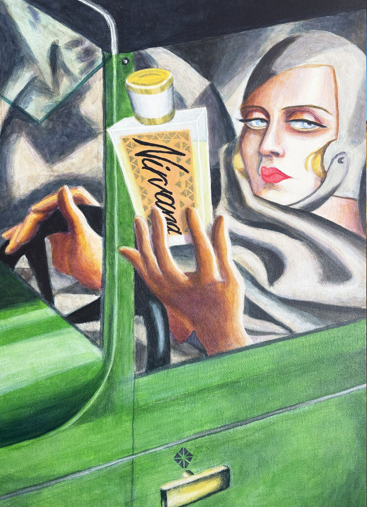 Painting for the MOZAICK perfume NIRVANA: Art Deco style woman at the wheel of a green car, holding the NIRVANA bottle
